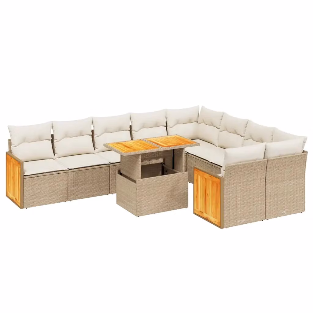 vidaXL Set Divano da Giardino 10 pz a Forma a L in Polyrattan Beige con Cuscini e Tavolino da Caffè – 2