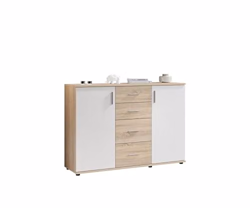 Credenza Soggiorno Rovere Bianco 2 Ante 4 Cassetti 120x35x82 cm