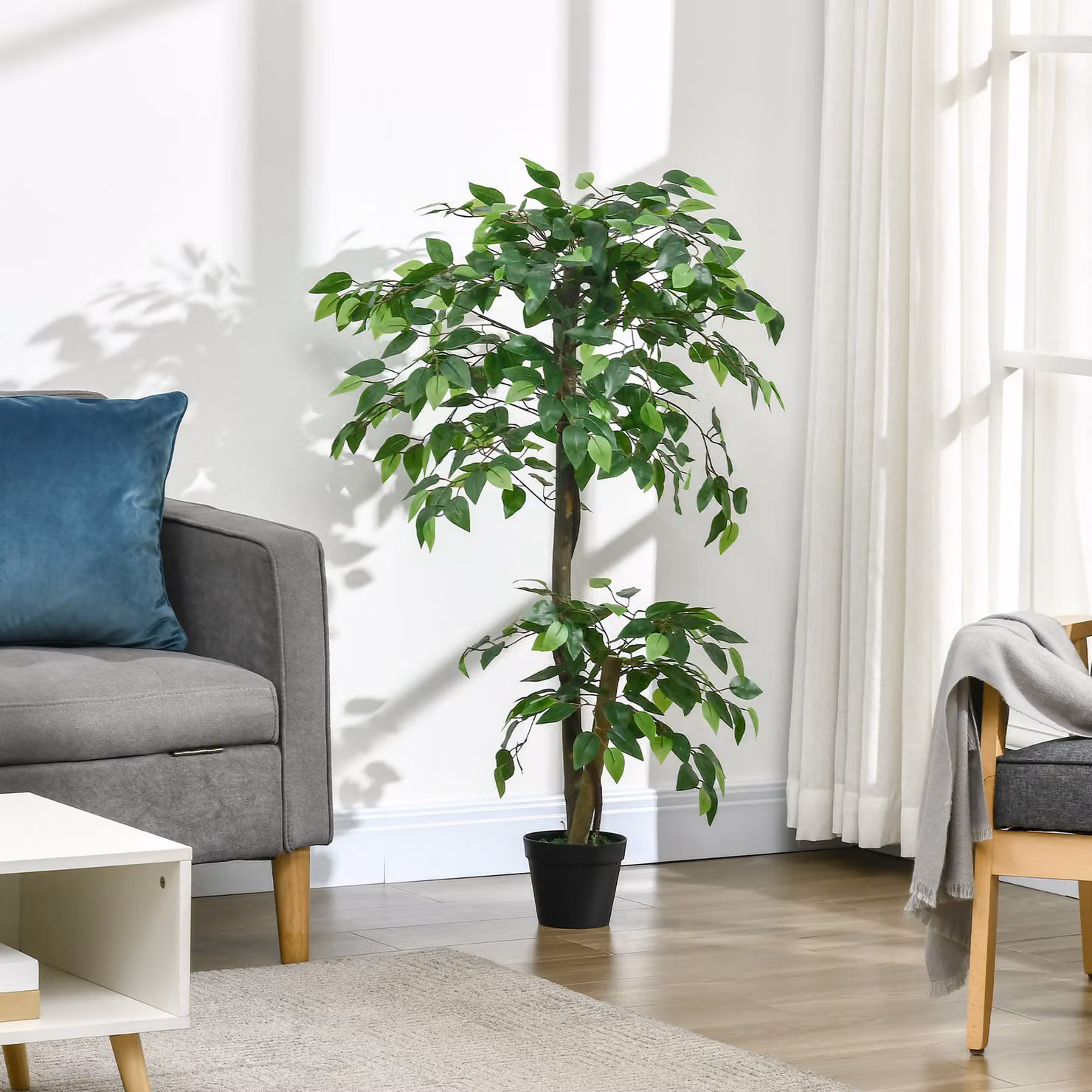 Pianta Artificiale Albero del Tè Outsunny con Vaso in Cemento, Verde, Altezza: 120 cm – 2