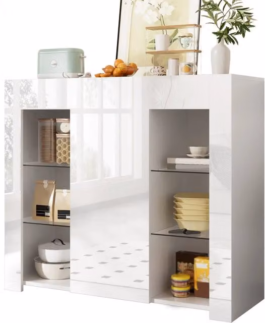 Buffet moderno Zephmum bianco lucido con ripiani in vetro L: 95 cm, P: 35 cm, H: 83 cm
