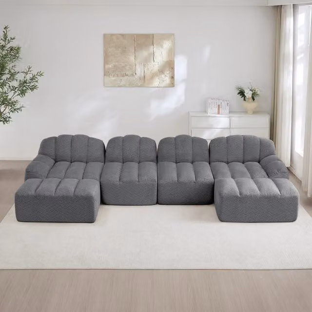 Divano modulare a U OKWISH da 4 posti con 2 pouf componibili in tessuto grigio e design moderno per il tuo soggiorno