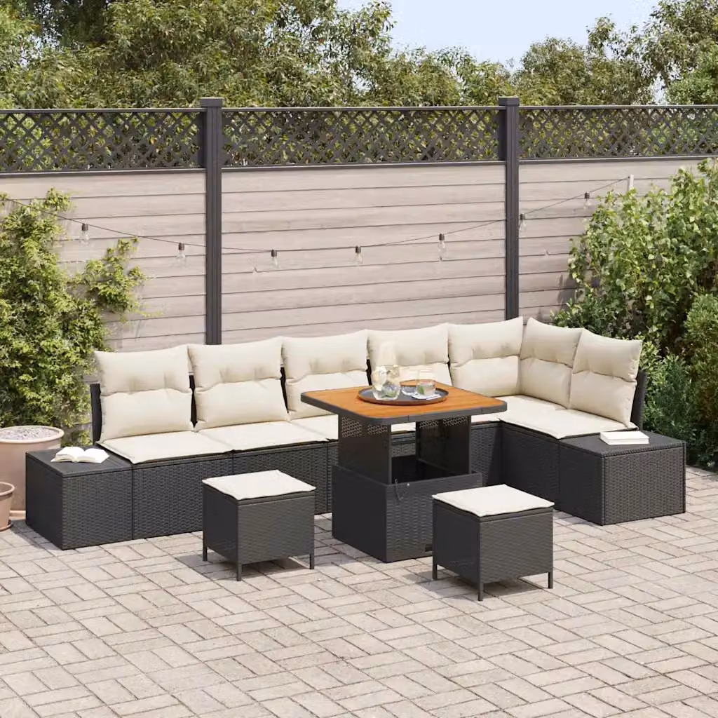 Set Divano da Giardino vidaXL a Forma di L con 9 Pezzi, Nero e Beige, con Cuscini e Tavolino, in Rattan e Metallo – 1