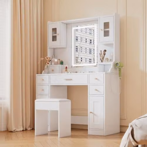 Grande toletta con illuminazione LED regolabile e prese elettriche, per la camera da letto, bianco