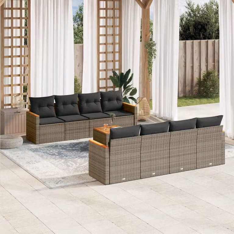 vidaXL Set Divano da Giardino 9 pz in Polyrattan Grigio con Cuscini e Tavolino da Caffè
