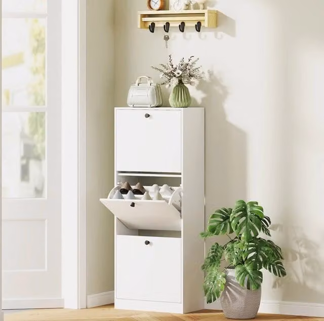 Scarpiera bianca 47x26x120 cm - 3 ante a ribalta regolabili, 12 paia