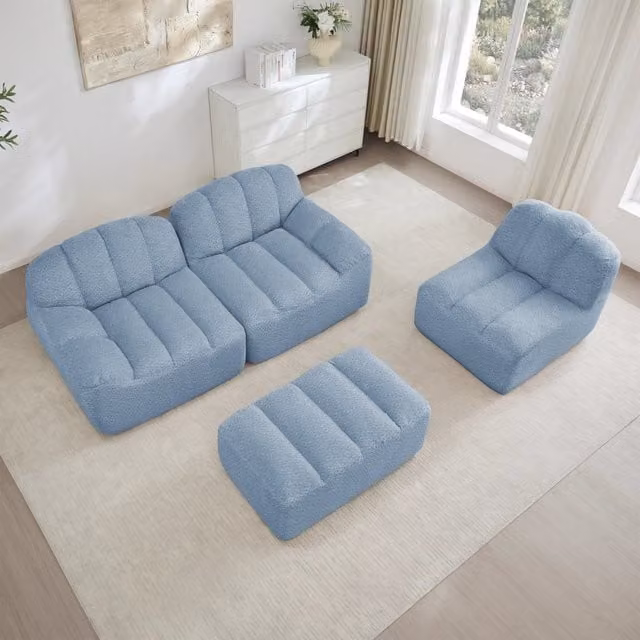 Divano angolare modulare MIVRAY a 3 posti con pouf coordinato, rivestimento in tessuto blu reversibile per il tuo soggiorno