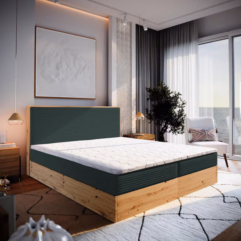 Letto a molle Masseno VERDON 180x200 cm completo di materasso e topper Bonell, letto imbottito con cassettiera -Verde, LINCOLN 39