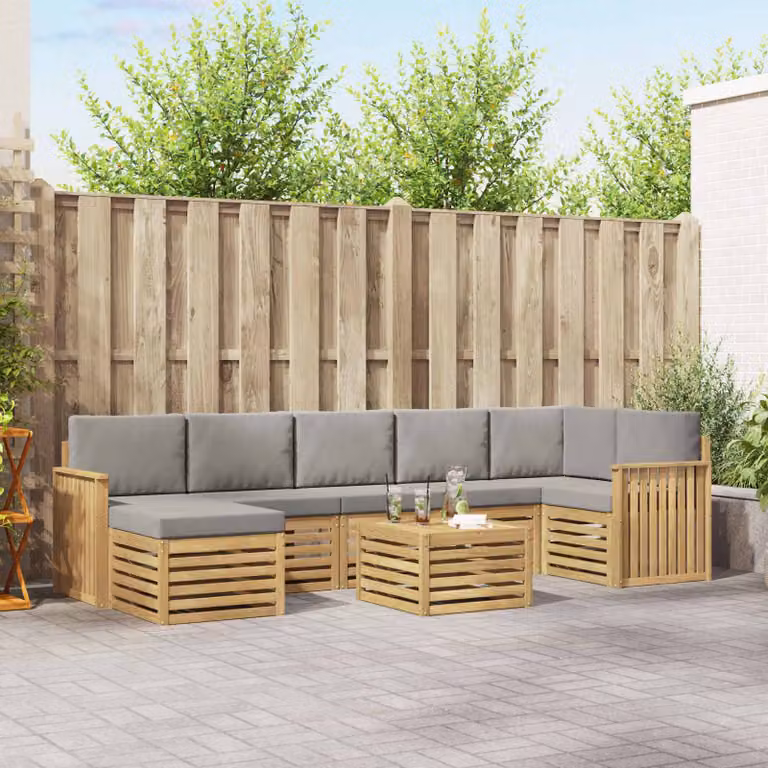 Set di divani da esterno moderno vidaXL 8 pz in legno di acacia e poliestere, Bianco, Grigio e Marrone