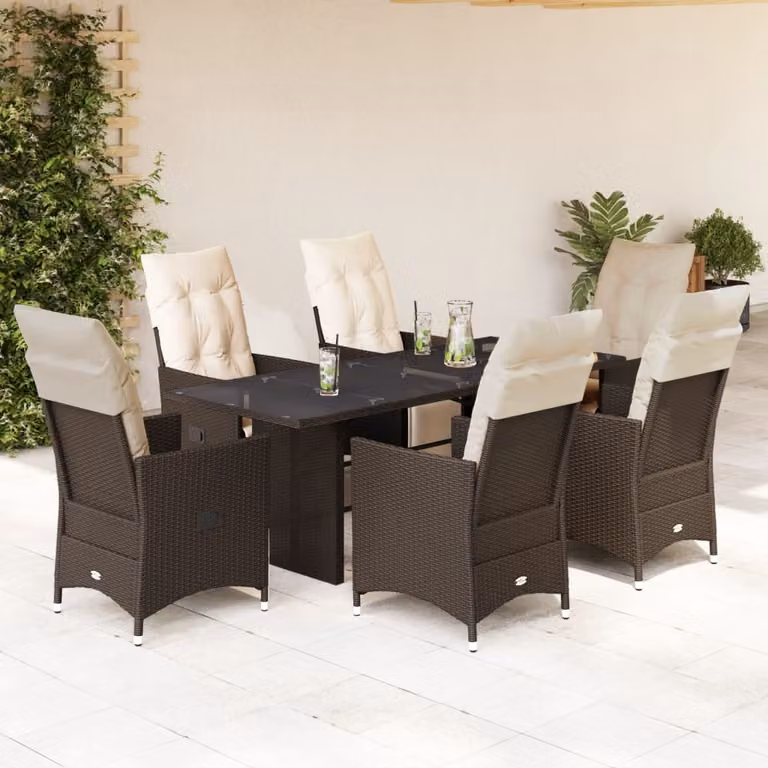 vidaXL Set Bistrò da Giardino 7 pz in Polyrattan Marrone con Cuscini e Tavolo in Vetro