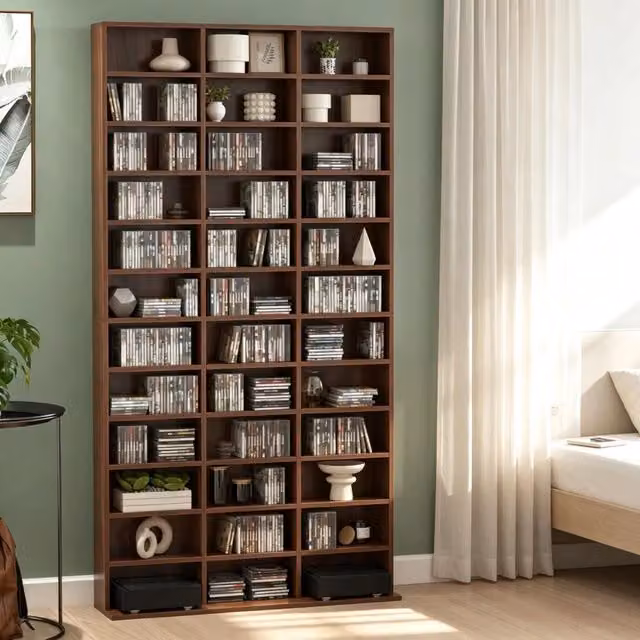Scaffale moderno, libreria alta con molti scomparti per libri, CD e decorazioni, per soggiorno o studio (solo scaffale)