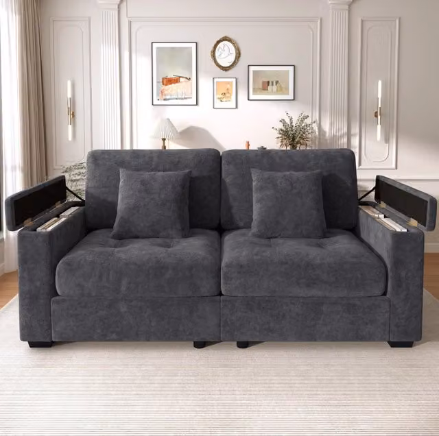 Divano 2 posti ULEVR 180 cm con vani nei braccioli e tasche laterali, chenille grigio scuro, 2 cuscini