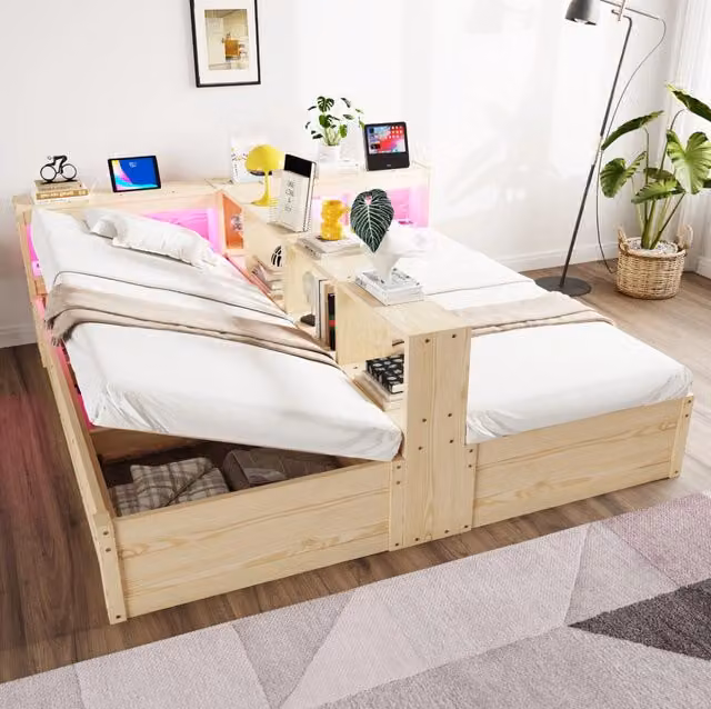 Letto multifunzione ULEVR 90/180x200 cm con LED, prese integrate e vano contenitore idraulico, legno naturale