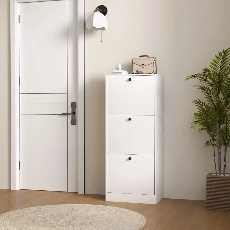 Scarpiera stretta WISHDOR con 3 ante ribaltabili e ripiani interni, bianco opaco, L: 47 cm, P: 28 cm, H: 115 cm – 2