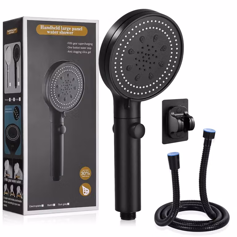 Soffione doccia - Con tubo 1,5 m - Nero - Sei tipi di getto, risparmio idrico, supporto senza trapano