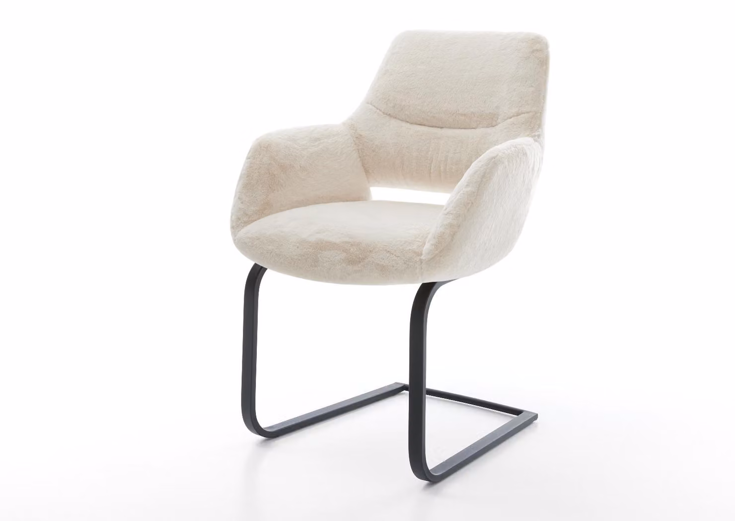 DELIFE Sedia a sbalzo Yago-Flex con braccioli, rivestimento in peluche bianco crema, base a sbalzo piatta nera, molle insacchettate
