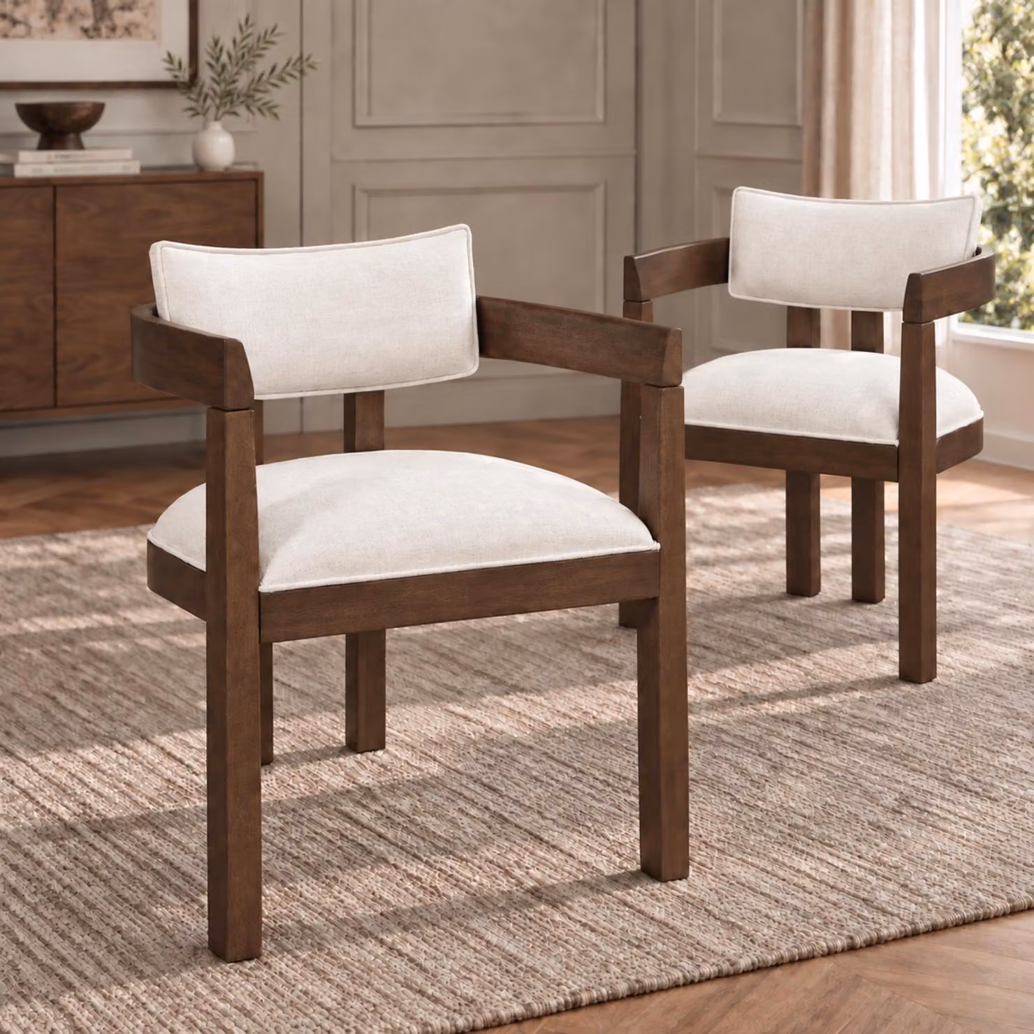 Set da 2 sedie da pranzo Flieks, sedie da cucina con braccioli, sedie imbottite con rivestimento in lino, sedia da soggiorno, 57,5 x 60,5 x 78,5 cm, colore noce