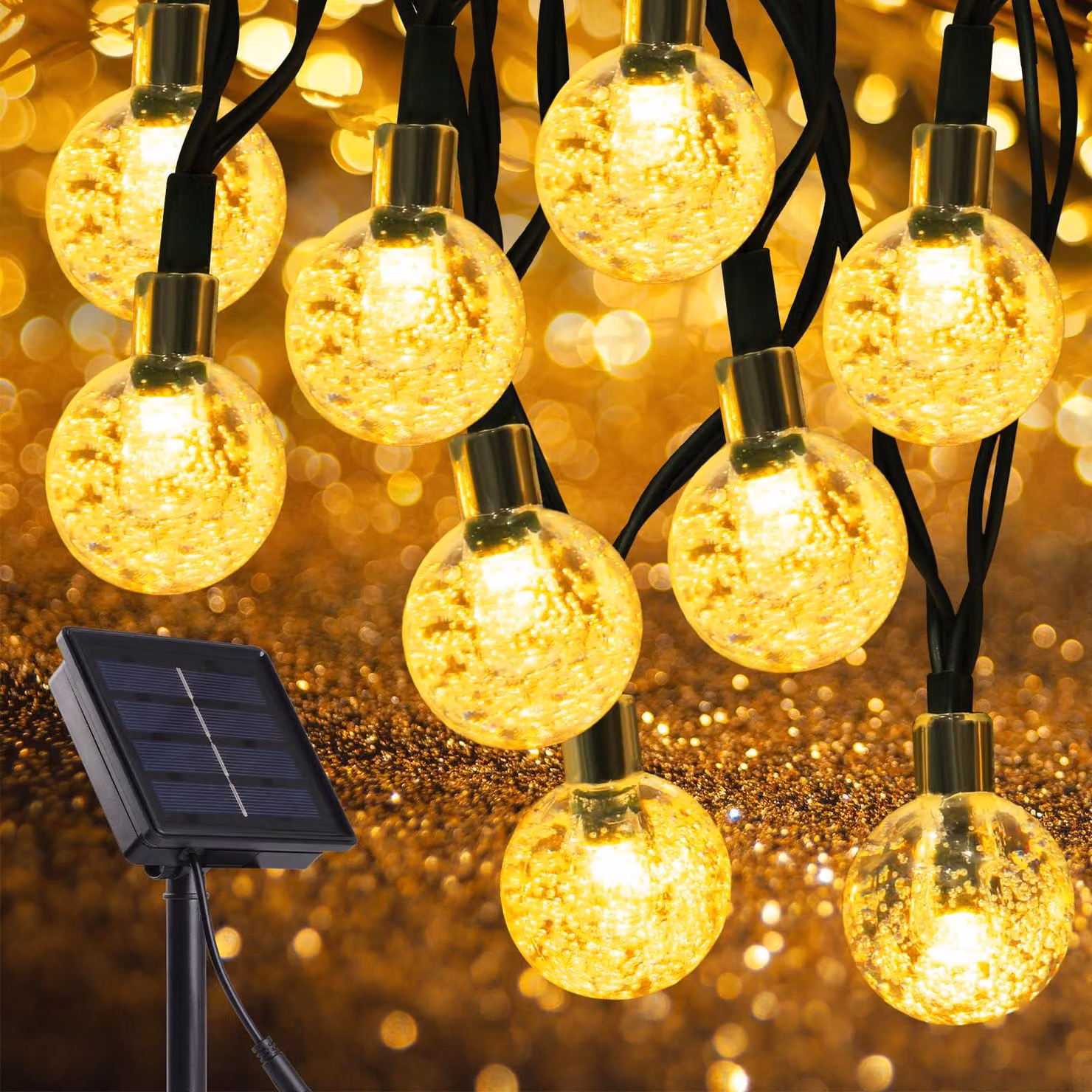Catena luminosa a LED con 50 sfere bianche calde, lunghezza 8 metri, grado di protezione IP65, alimentazione solare, 8 modalità