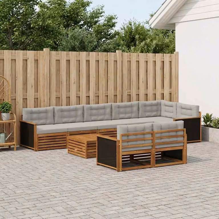 vidaXL Set di divani da esterno a L composto da 9 pezzi in legno di acacia con cuscini inclusi, colori beige, grigio e marrone