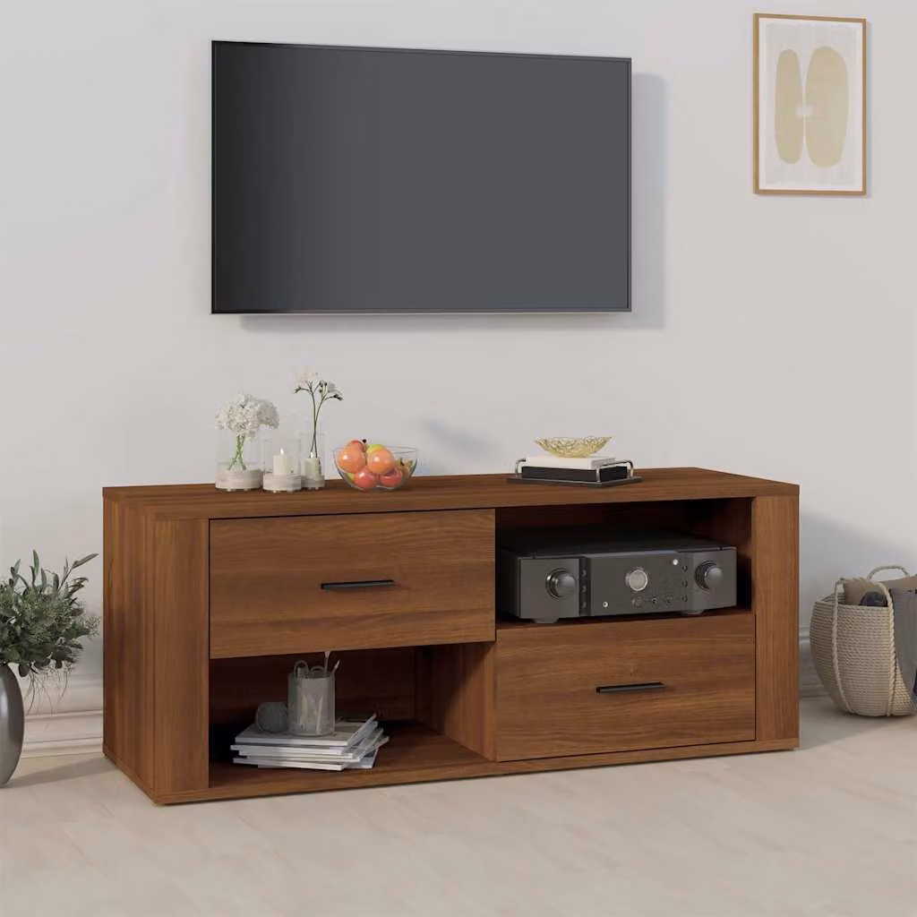 Mobile TV vidaXL in legno multistrato e MDF color rovere marrone con ruote, stile rustico, L 100 cm x P 35 cm x H 40 cm