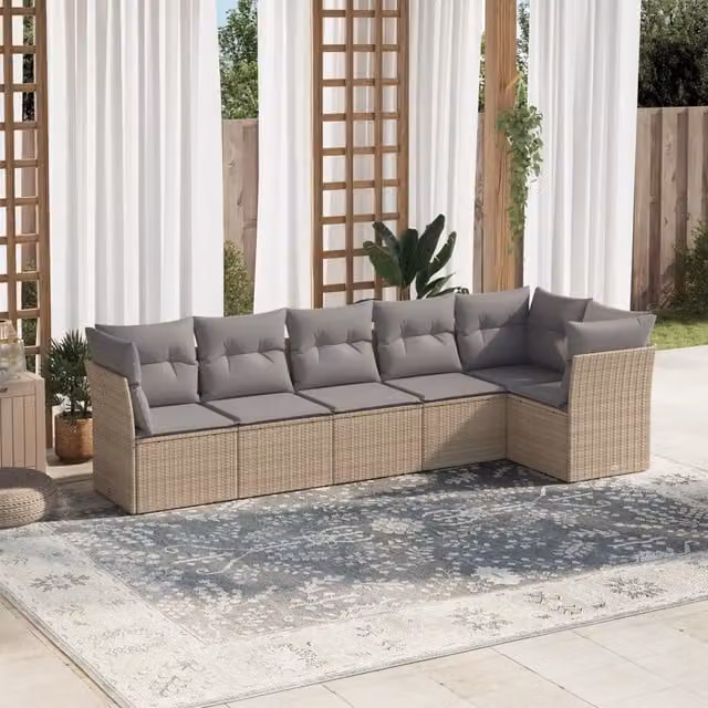 vidaXL Set Divano da Giardino a L in Polyrattan con Cuscini Beige e Grigio, 6 Pezzi