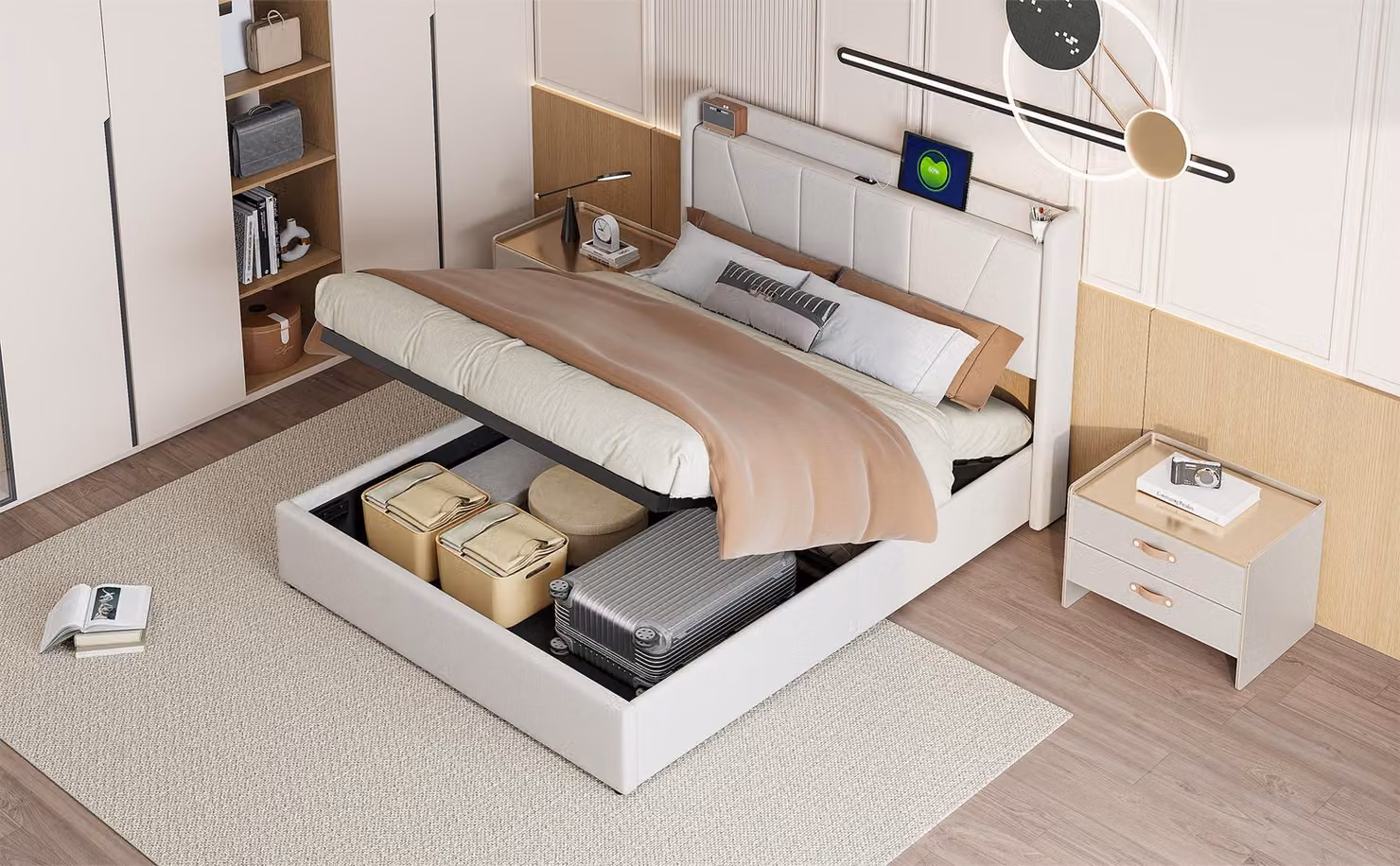 Letto matrimoniale imbottito 160 x 200 cm con porte USB e USB-C, cassetti e testiera, lino, beige