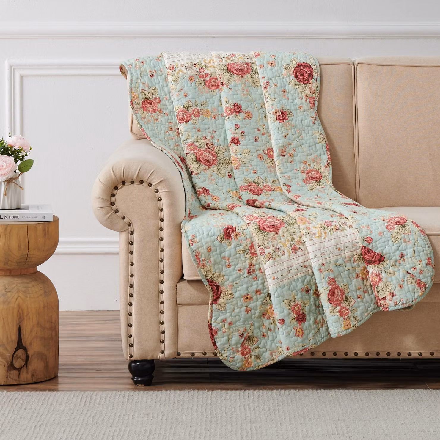 Piumino in cotone, motivo floreale, 127x152 cm, colore blu