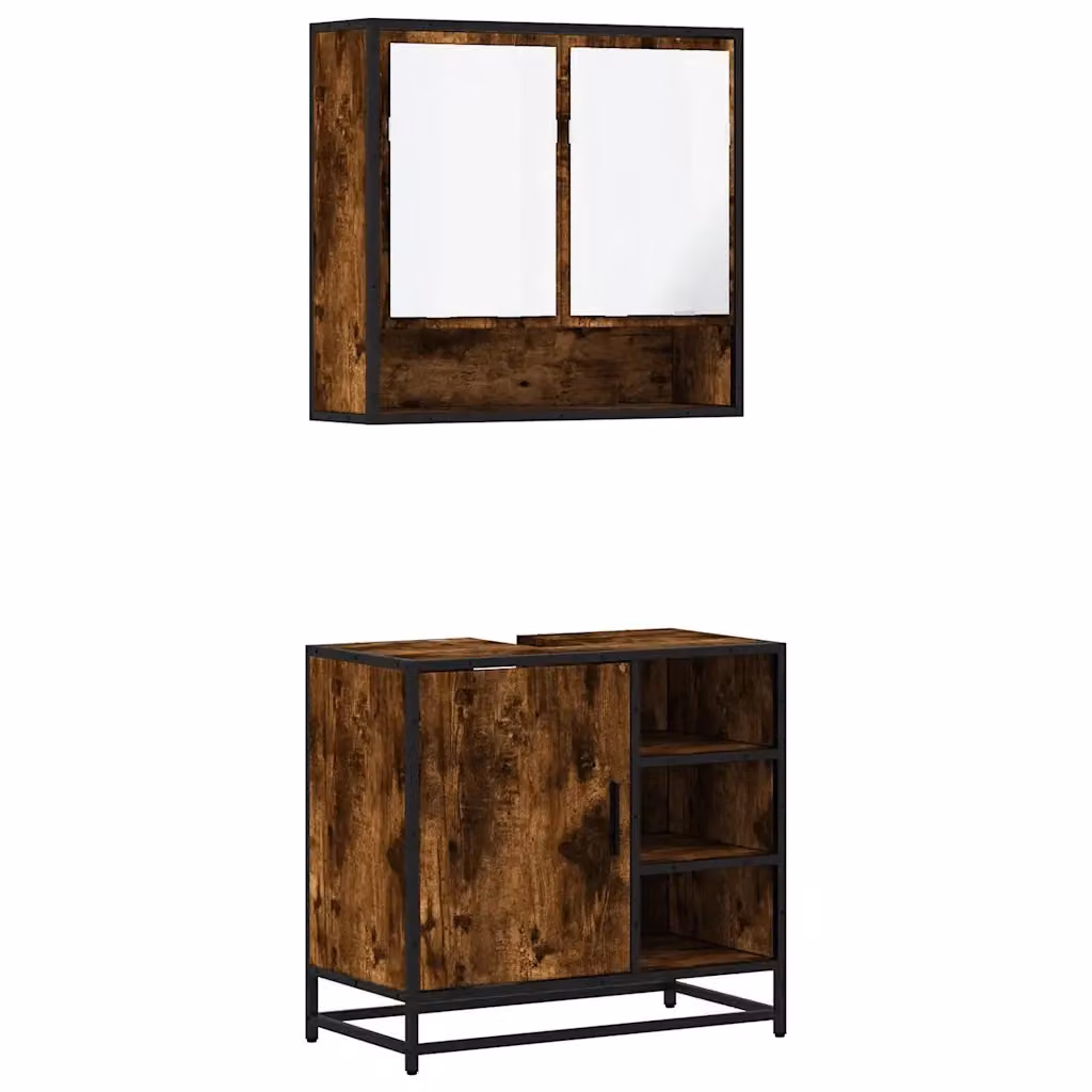 Set Mobili da Bagno Industrial vidaXL composto da Mobile Lavabo e Armadietto con Specchio, Colore Marrone, in Legno e MDF – 2