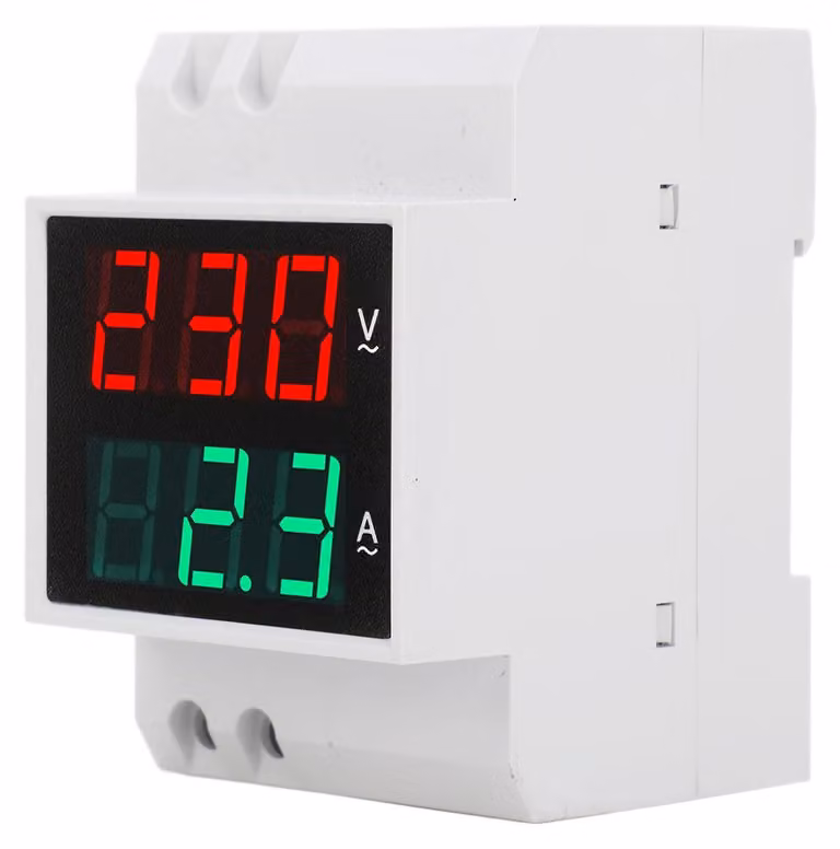 Volmetro e amperometro LED a doppia visualizzazione, montaggio su guida DIN, per corrente alternata, 300V, 99,9A