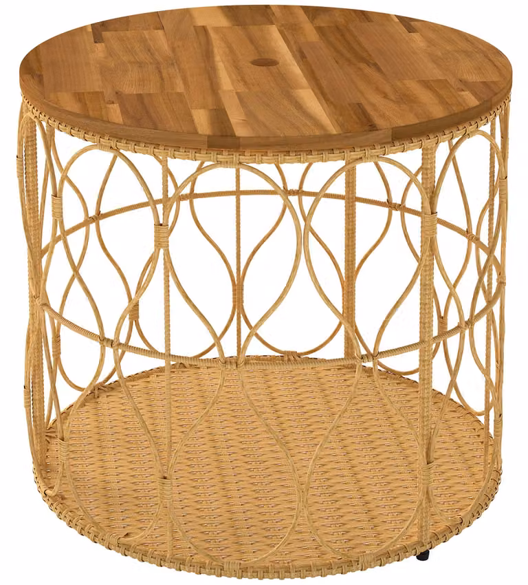 Tavolino da esterno, diametro 50 cm, in legno di acacia e rattan | Colore: legno di teak | Dimensioni: 50x50x47,5 cm