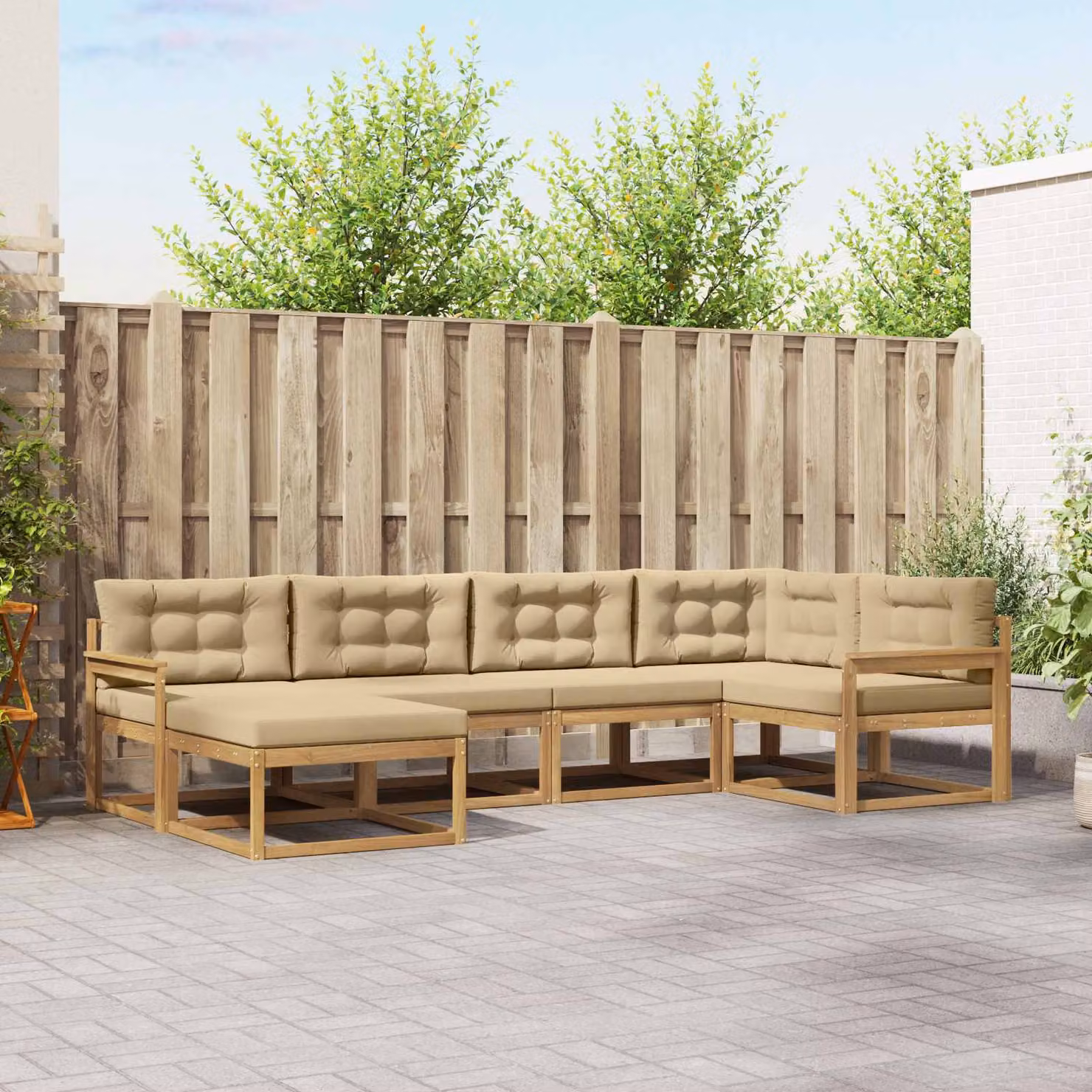 Set di divani da esterno a L vidaXL in legno di acacia con pouf e cuscini, Bianco e Beige