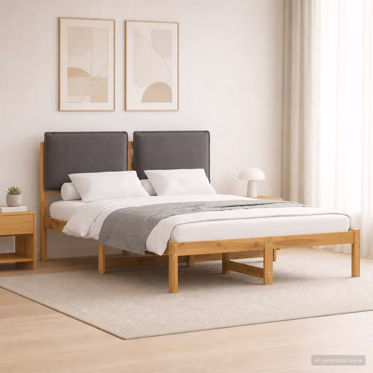 Letto con testiera rivestita vidaXL in legno di acacia e tessuto, Bianco lavato e Grigio chiaro, L/P/H: 120 x 200 x 85 cm