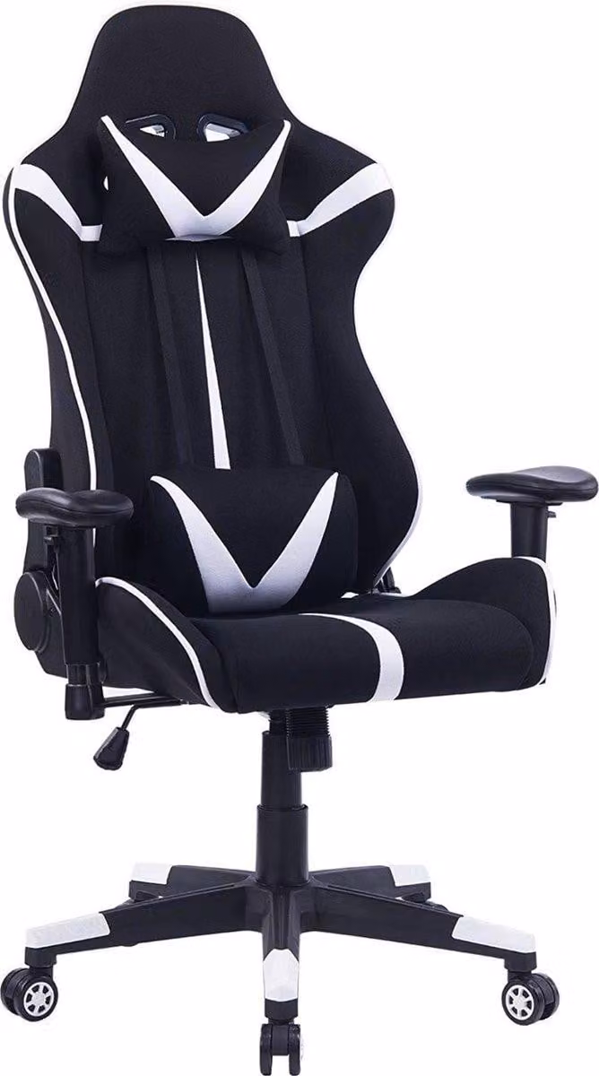 Gamestoel - Bianco/nero - Ergonomico - Regolabile - Con schienale e braccioli - Rivestimento in tessuto