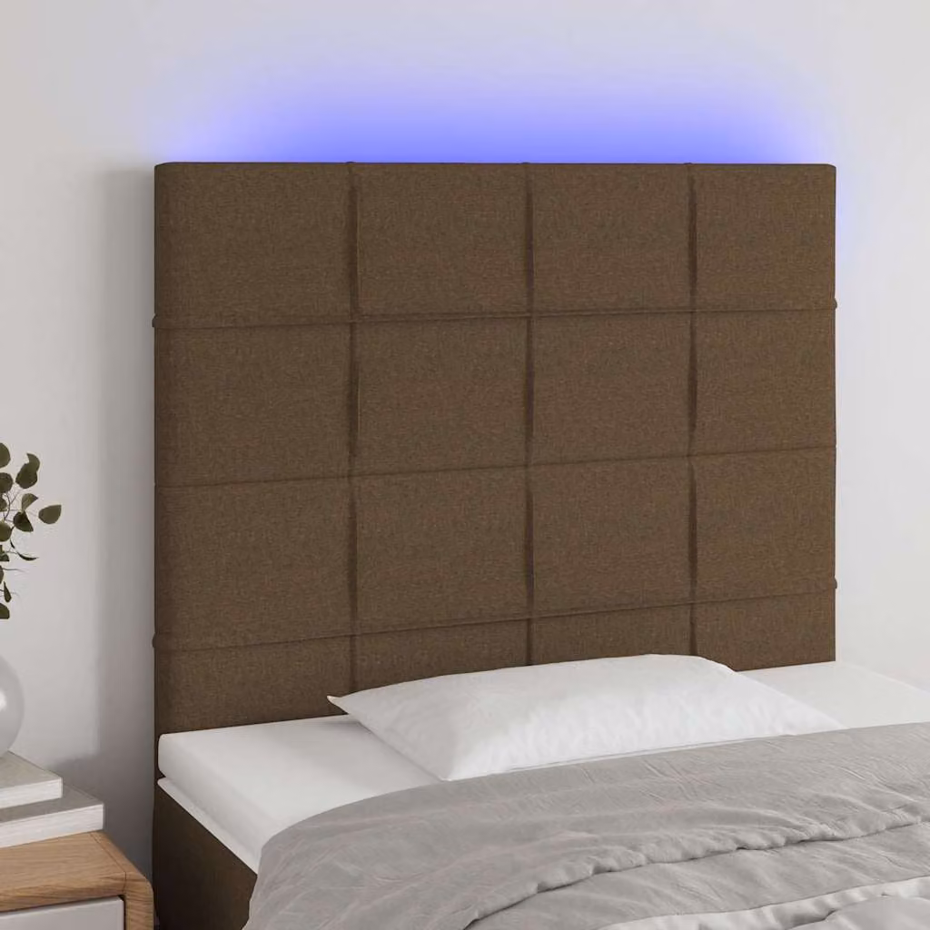 Testiera per letto vidaXL in tessuto marrone scuro con illuminazione LED e porta di ricarica USB, L 90 cm, H 118-128 cm, P 5 cm