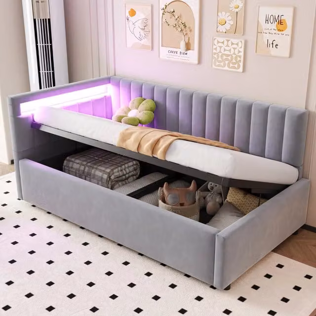Letto singolo 90x200 cm imbottito in velluto grigio chiaro; contenitore idraulico; LED e testiera reversibile