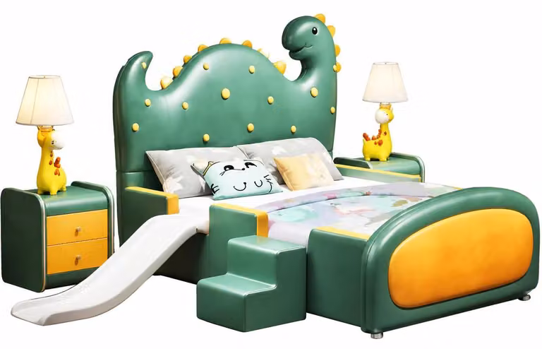 Letto a forma di dinosauro, verde, con scivolo e scaletta. Letto per bambini