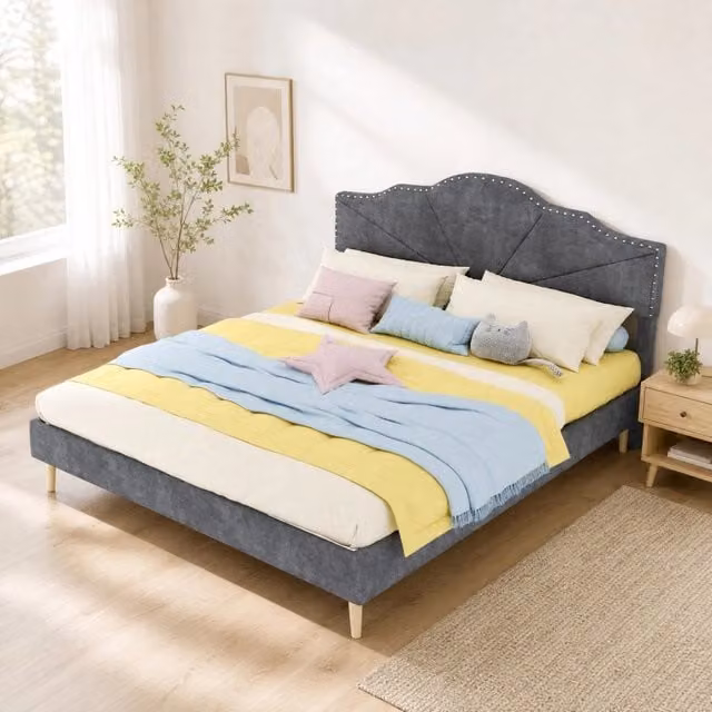 Letto Mivray con testiera imbottita geometrica in tessuto grigio e rete a doghe L/P: 160 x 200 cm