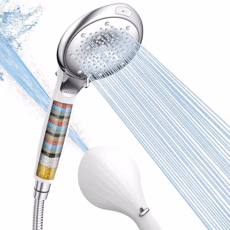 Doccia con filtro, 8 tipi di getto, alta pressione, tubo da 2 metri, colore argento e bianco