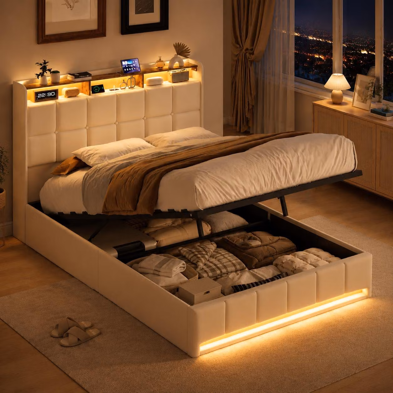 Letto imbottito INONEFT, 140x190 cm, con illuminazione LED e prese USB, letto singolo per ragazzi con spazio contenitivo, testiera imbottita, letto a molle con sistema idraulico, colore beige