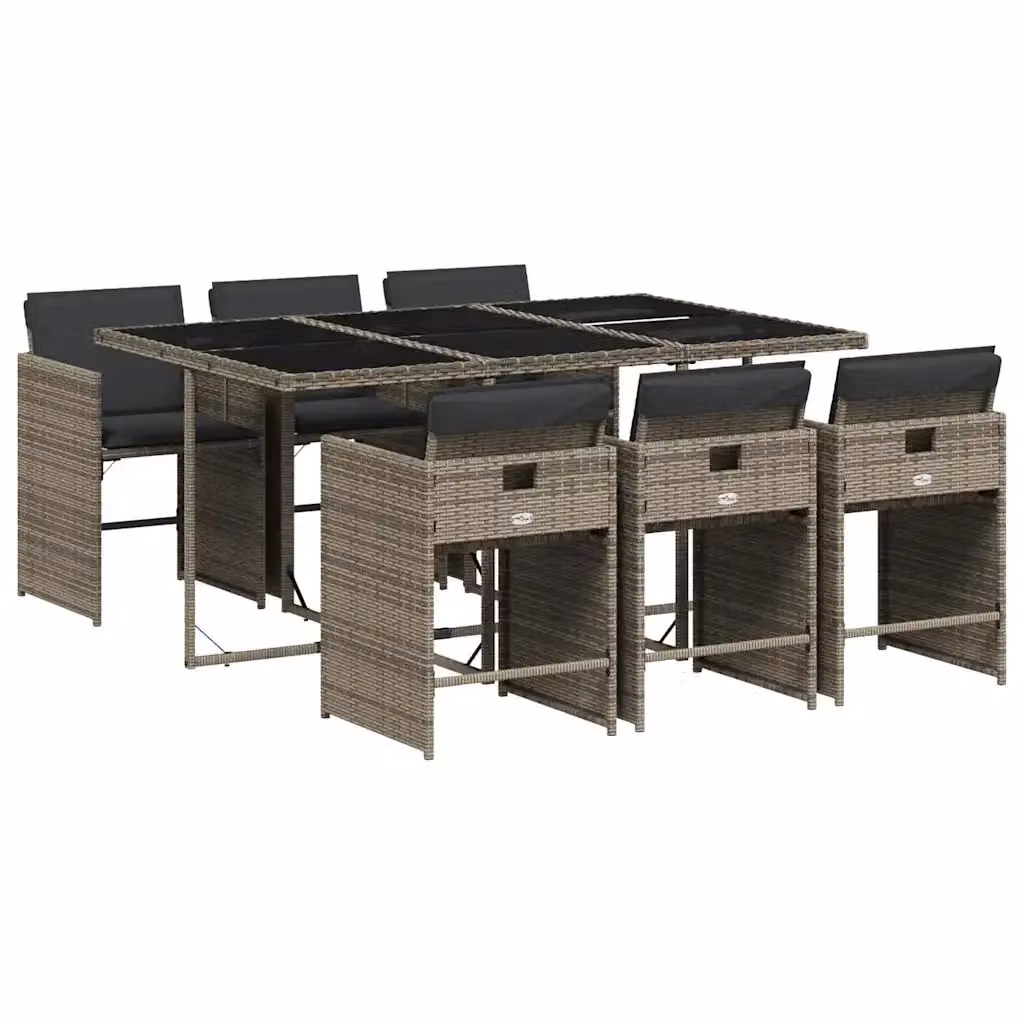 Set da pranzo da giardino vidaXL in polyrattan e vetro con 7 pezzi e cuscini, colore grigio e nero – 2