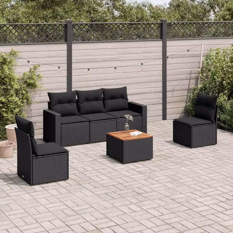vidaXL Set Divano da Giardino 6 pz in Polyrattan Nero con Cuscini e Tavolino da Esterno