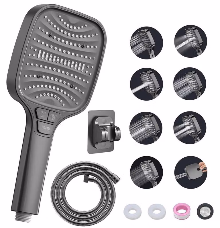 Doccia grigia con tubo flessibile e supporto – Soffione manuale a 8 getti con selettore a 4 pulsanti, set doccia a pioggia ad alta pressione, soffione anticalcare con ugelli in silicone
