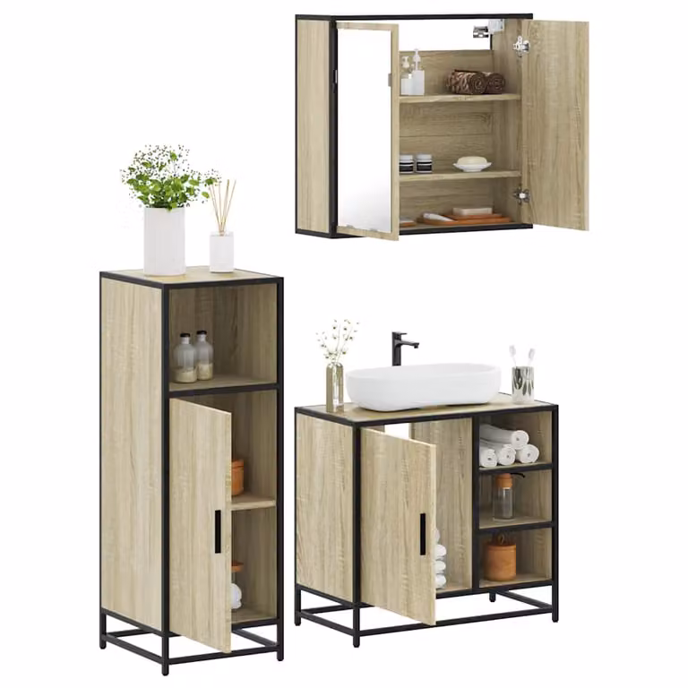 Set di mobili da bagno industrial vidaXL composto da 3 pezzi in legno, metallo e vetro, colore marrone, con armadietto specchio a LED e mobile lavabo