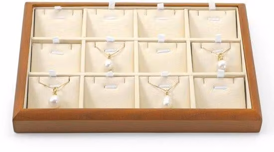 Contenitore per gioielli in legno Ibzenoa® con 12 scomparti regolabili, contenitori interni intercambiabili in microfibra, color crema, dimensioni 25 x 17 x 8 cm