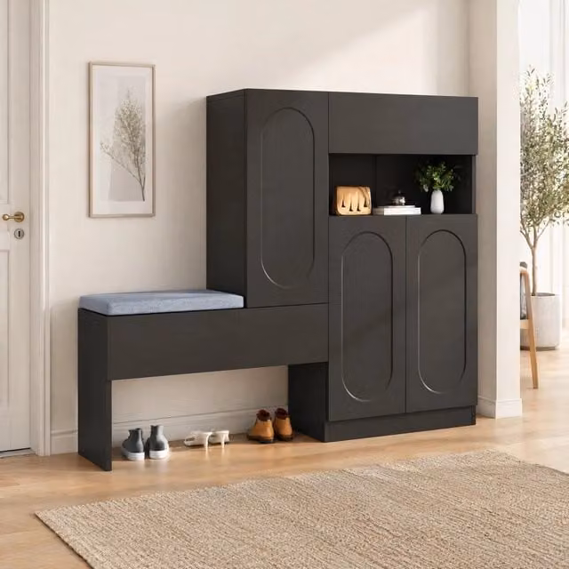 Scarpiera 2-in-1 con panca REDOM colore nero, L 130 cm, P 35 cm, H 110 cm