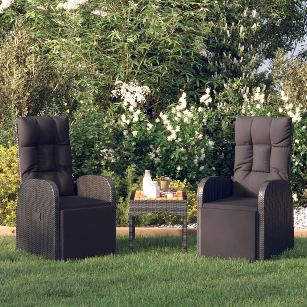 Set di 2 sedie reclinabili da giardino vidaXL in polyrattan nero con cuscini e struttura in metallo