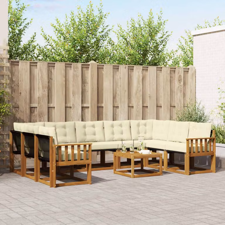 vidaXL Set di divani da esterno a forma di U in legno di acacia con cuscini beige e bianchi