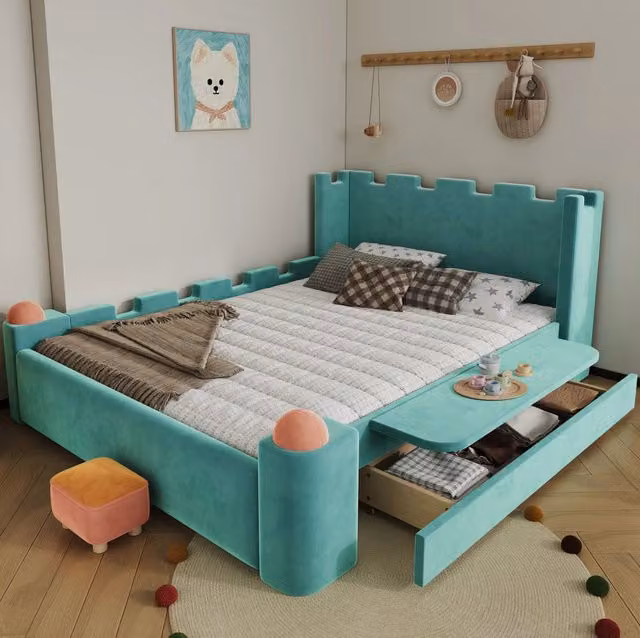 Letto imbottito per bambini ULEVR 140x200 cm con cassetto contenitore e ripiano pieghevole, blu-verde