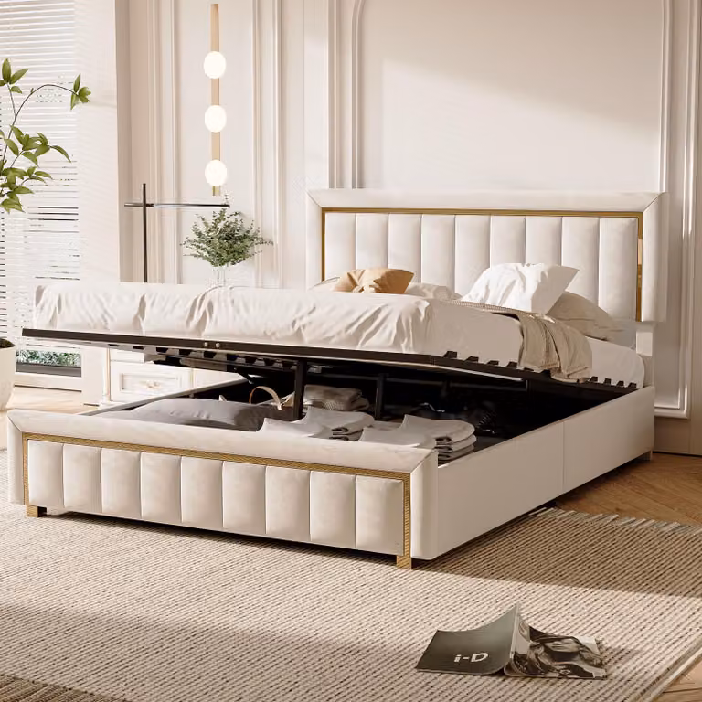 Letto imbottito 140x200 cm in velluto, con rete idraulica, rete a doghe, beige - Fortuna Lai
