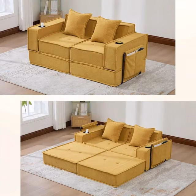 Divano letto 2 sedili convertibili con letto matrimoniale; pouf con portaoggetti e porta tazze; cuscini 2; velluto a coste; Giallo
