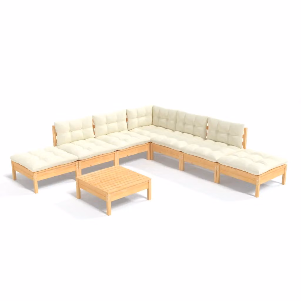 Set Salotto da Giardino 8 pz con Cuscini Crema in Legno di Pino